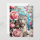 印象的なユキヒョウの視線とピンクの牡丹 ポストカード (正面/裏面)