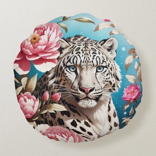 印象的なユキヒョウの視線とピンクの牡丹 ラウンドクッション (裏面)