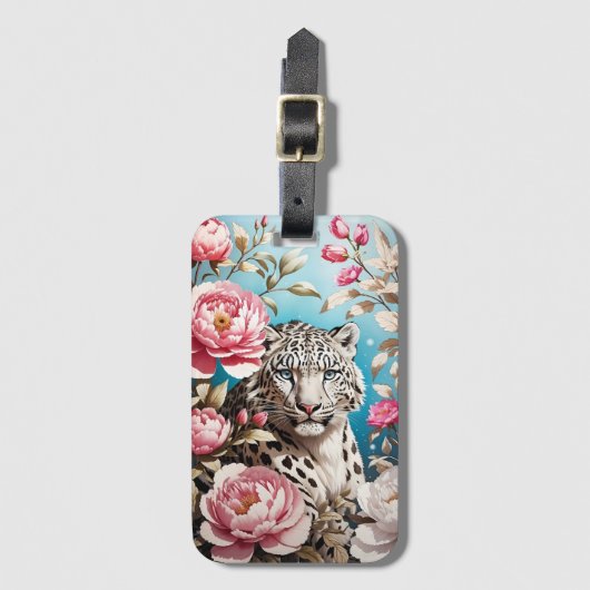 印象的なユキヒョウの視線とピンクの牡丹 ラゲッジタグ (正面縦)
