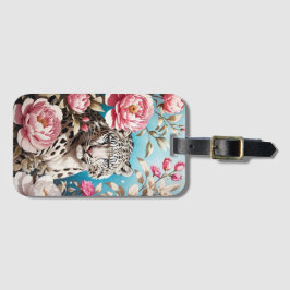 印象的なユキヒョウの視線とピンクの牡丹 ラゲッジタグ