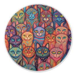 印象的な猫とカラフルサイケデリック猫 セラミックノブ