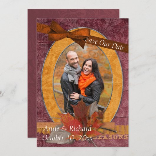 印象的な秋の結婚式写真の日付を保存 セーブザデート (正面/裏面)