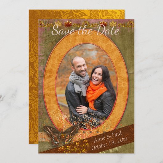 印象的な秋の結婚式写真の日付を保存 セーブザデート (正面/裏面)