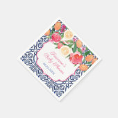 印象的な花と柑橘類の青いタイルの花嫁のシャワー スタンダードカクテルナプキン (角)