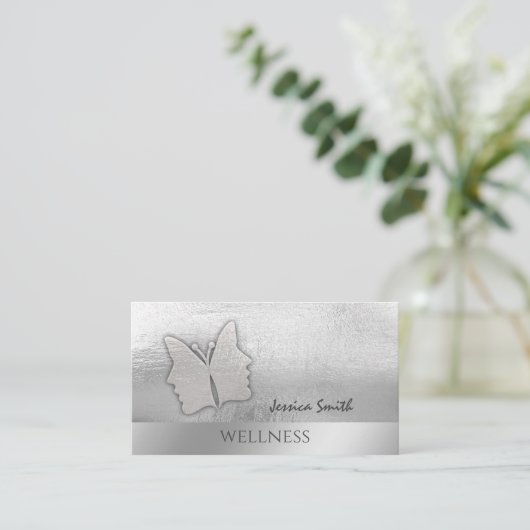 印象的な銀箔ガールエレガント顔蝶 名刺 (スタンド正面)