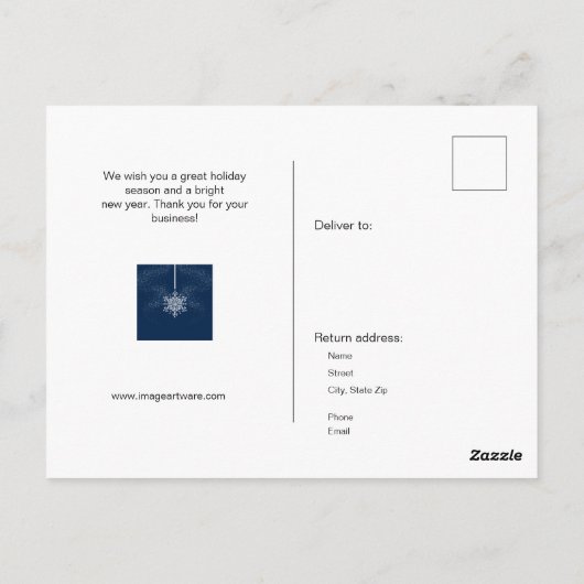 印象的な青と白のビジネスのクリスマス ポストカード (裏面)