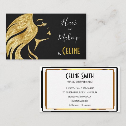 印象的な髪とメイクアップブラック&金ゴールドビジネスC 名刺 (正面/裏面)