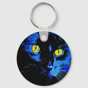 印象的な黄色芸術的Eを持つ黒猫ポートレート キーホルダー