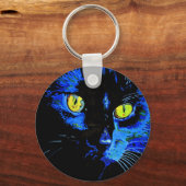印象的な黄色芸術的Eを持つ黒猫ポートレート キーホルダー (正面)