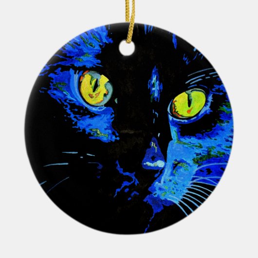 印象的な黄色芸術的Eを持つ黒猫ポートレート セラミックオーナメント (正面)