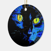 印象的な黄色芸術的Eを持つ黒猫ポートレート セラミックオーナメント (左)