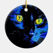 印象的な黄色芸術的Eを持つ黒猫ポートレート セラミックオーナメント (裏面)