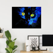 印象的な黄色芸術的Eを持つ黒猫ポートレート ポスター (ホームオフィス)