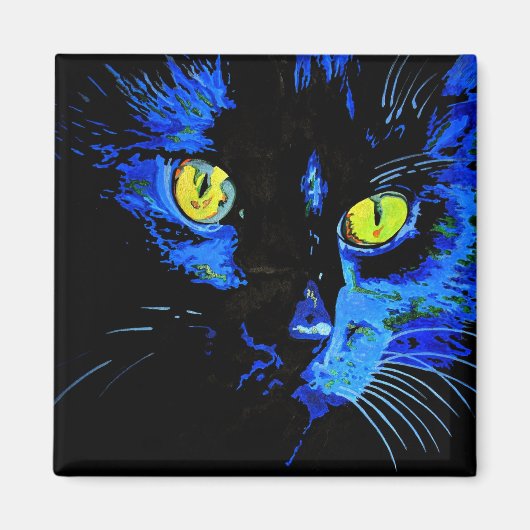 印象的な黄色芸術的Eを持つ黒猫ポートレート マグネット (正面)