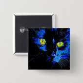 印象的な黄色芸術的Eを持つ黒猫ポートレート 缶バッジ (正面&裏面)