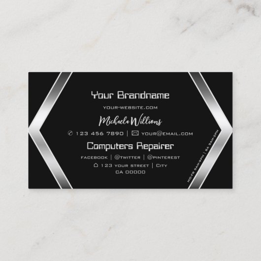 印象的な黒い幾何光沢スタイリッシュ銀 名刺 (裏面)