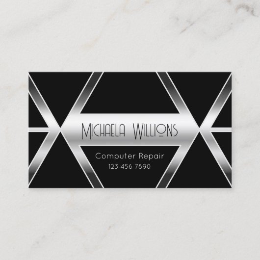 印象的な黒い幾何学的シックなシルバーアイキャッチ 名刺 (正面)