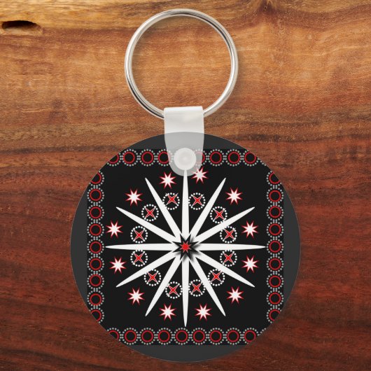印象的な黒い赤と白パターン(の模様が)ある キーホルダー (正面)