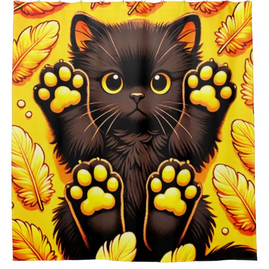 印象的な黒猫のイラスト シャワーカーテン (正面)