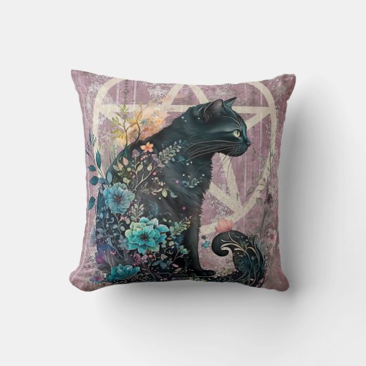 印象的な黒猫の宝石のような星形五角形の花 クッション (正面)