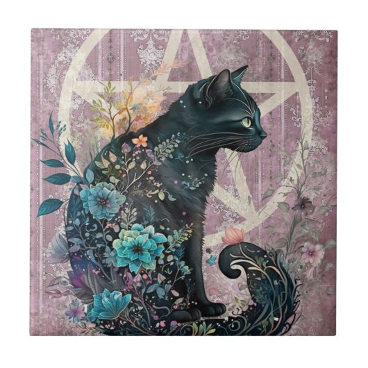 印象的な黒猫の宝石のような星形五角形の花 タイル (正面)