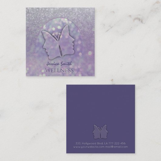 印象的な《写真》ぼけ味シックな女の子顔バタフライバイオレット スクエア名刺 (正面/裏面)