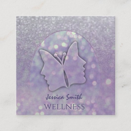 印象的な《写真》ぼけ味シックな女の子顔バタフライバイオレット スクエア名刺 (正面)
