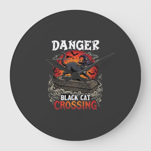危険な黒猫が交差するハロウィン魔女の帽子のコフ ラージ壁時計 (正面)