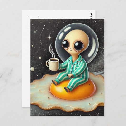 卵おもしろいのフライで宇宙したエイリアン ポストカード (正面/裏面)