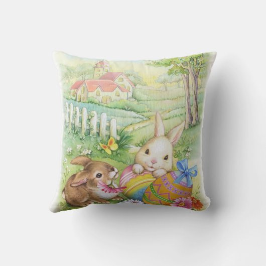 卵および教会が付いているかわいいイースターのウサギ クッション (裏面)
