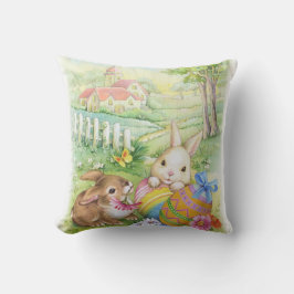 卵および教会が付いているかわいいヴィンテージのイースターのウサギ クッション