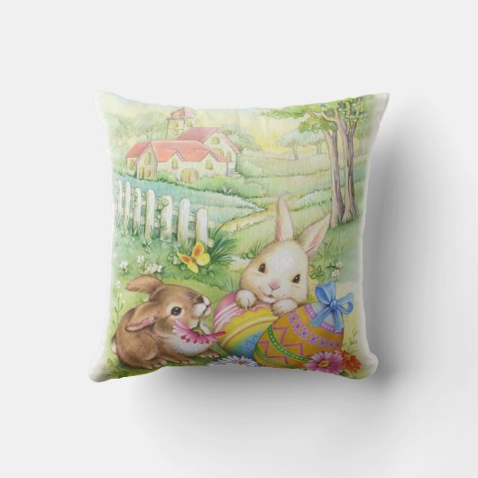 卵および教会が付いているかわいいヴィンテージのイースターのウサギ クッション (裏面)