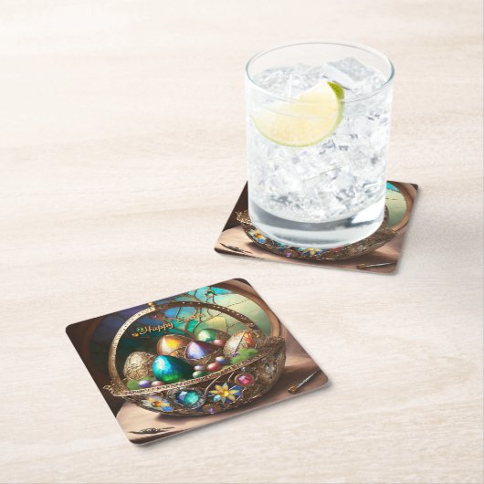 卵で満たされたステームパンクカラフルイースターバスケット スクエアペーパーコースター (インサイチュ)