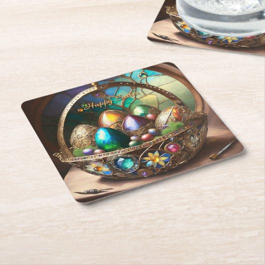 卵で満たされたステームパンクカラフルイースターバスケット スクエアペーパーコースター (アングル)
