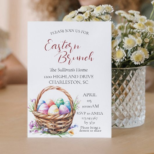 卵とイースターブランチを持つバスケット 招待状