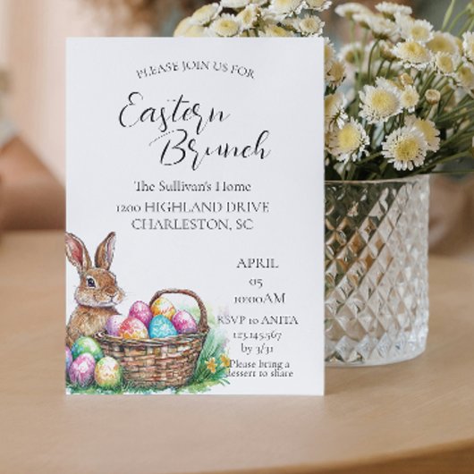 卵とバスケットの中のバニーのイースターブランチ 招待状