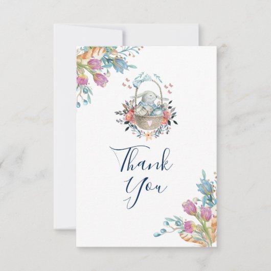 卵とフローラのブーケとバスケットかわいらしのバニー 招待状 (正面)