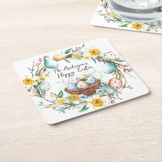 卵とフローライースター入りのバスケット スクエアペーパーコースター (アングル)