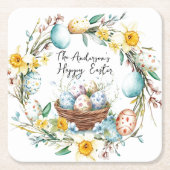 卵とフローライースター入りのバスケット スクエアペーパーコースター (正面)