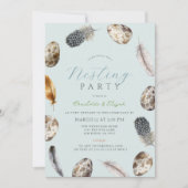 卵と羽毛のブルー ネスティングパーティー ベビーシャワー 招待状 (正面)