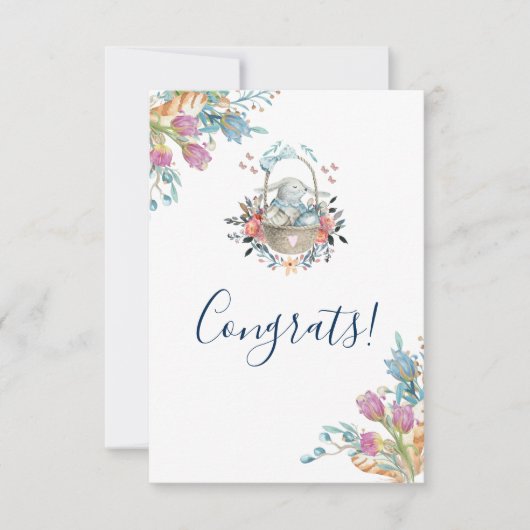 卵と花が入ったかごの中のかわいいかわいらしバニー カード (正面)