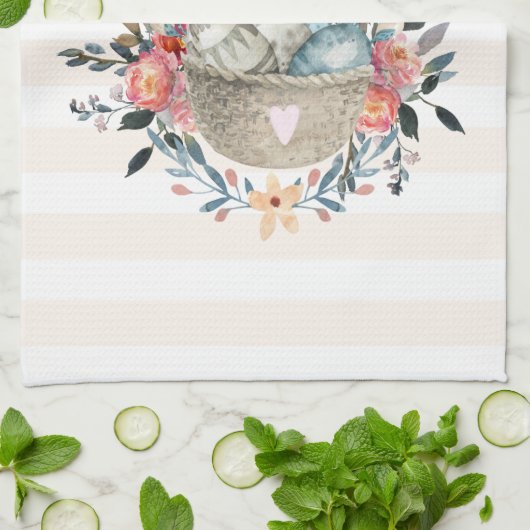 卵と花が入ったかごの中のかわいいかわいらしバニー キッチンタオル (折り畳み)