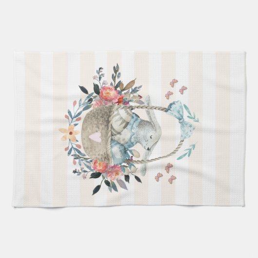 卵と花が入ったかごの中のかわいいかわいらしバニー キッチンタオル (横)