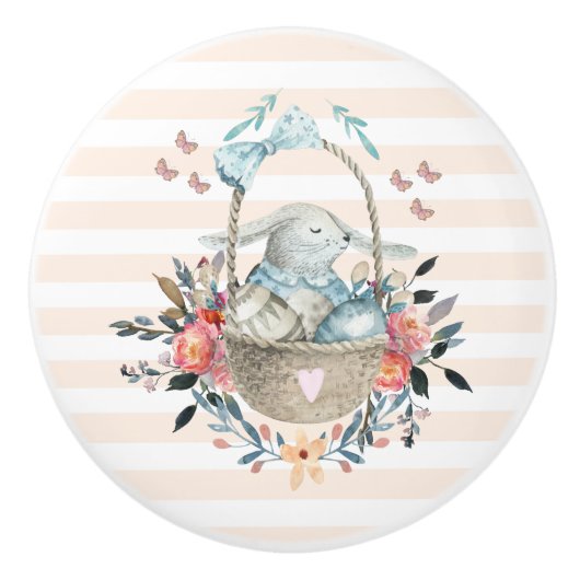 卵と花が入ったかごの中のかわいいかわいらしバニー セラミックノブ (正面)