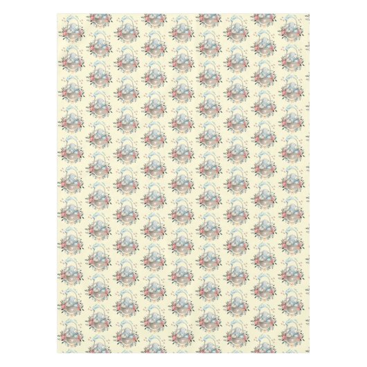 卵と花が入ったかごの中のかわいいかわいらしバニー テーブルクロス (正面)