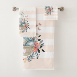 卵と花が入ったかごの中のかわいいかわいらしバニー バスタオルセット