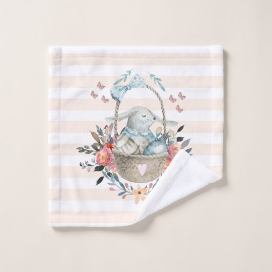 卵と花が入ったかごの中のかわいいかわいらしバニー バスタオルセット (ウォッシュタオル)