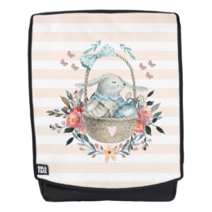 卵と花が入ったかごの中のかわいいかわいらしバニー バックパック