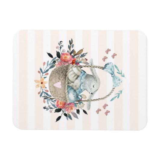 卵と花が入ったかごの中のかわいいかわいらしバニー マグネット (横)