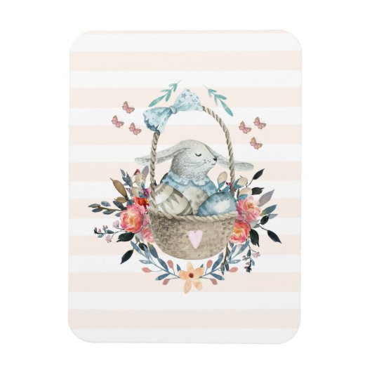 卵と花が入ったかごの中のかわいいかわいらしバニー マグネット (縦)